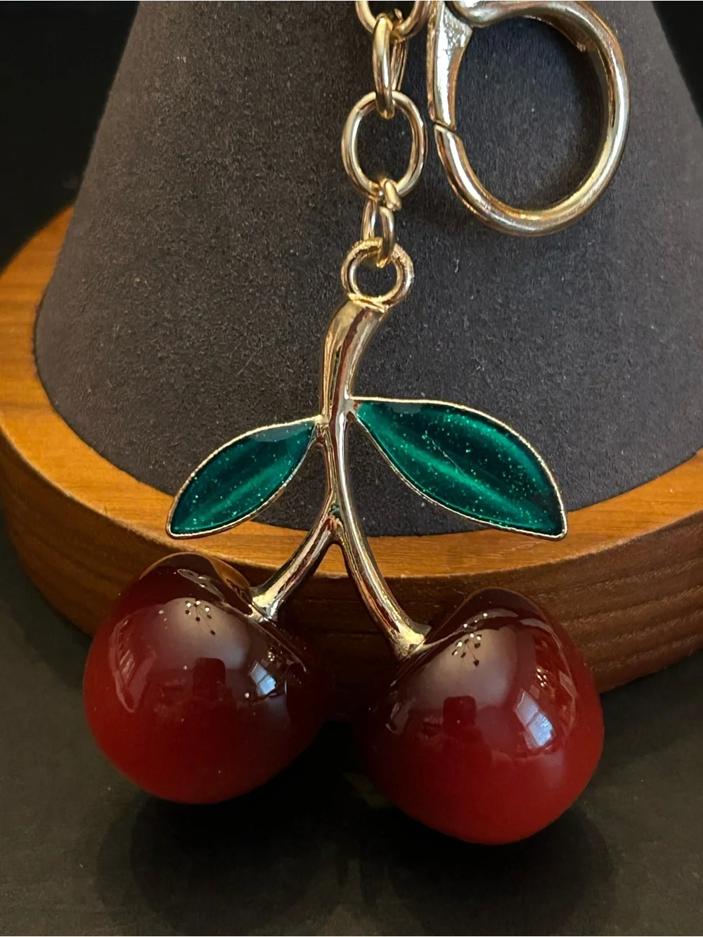 Gold-Tone Cherry 🍒 Bag Charm Keychain with Red Cherries and Green Leaves NWT